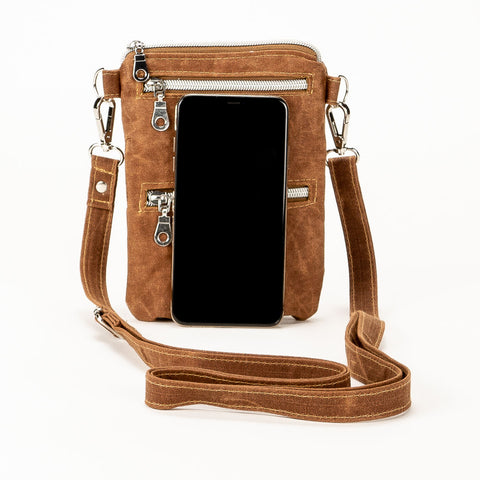 WAXED CANVAS Crossbody Phone Bag - Brown